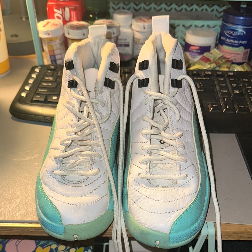 White and Teal High-Top Sneakers